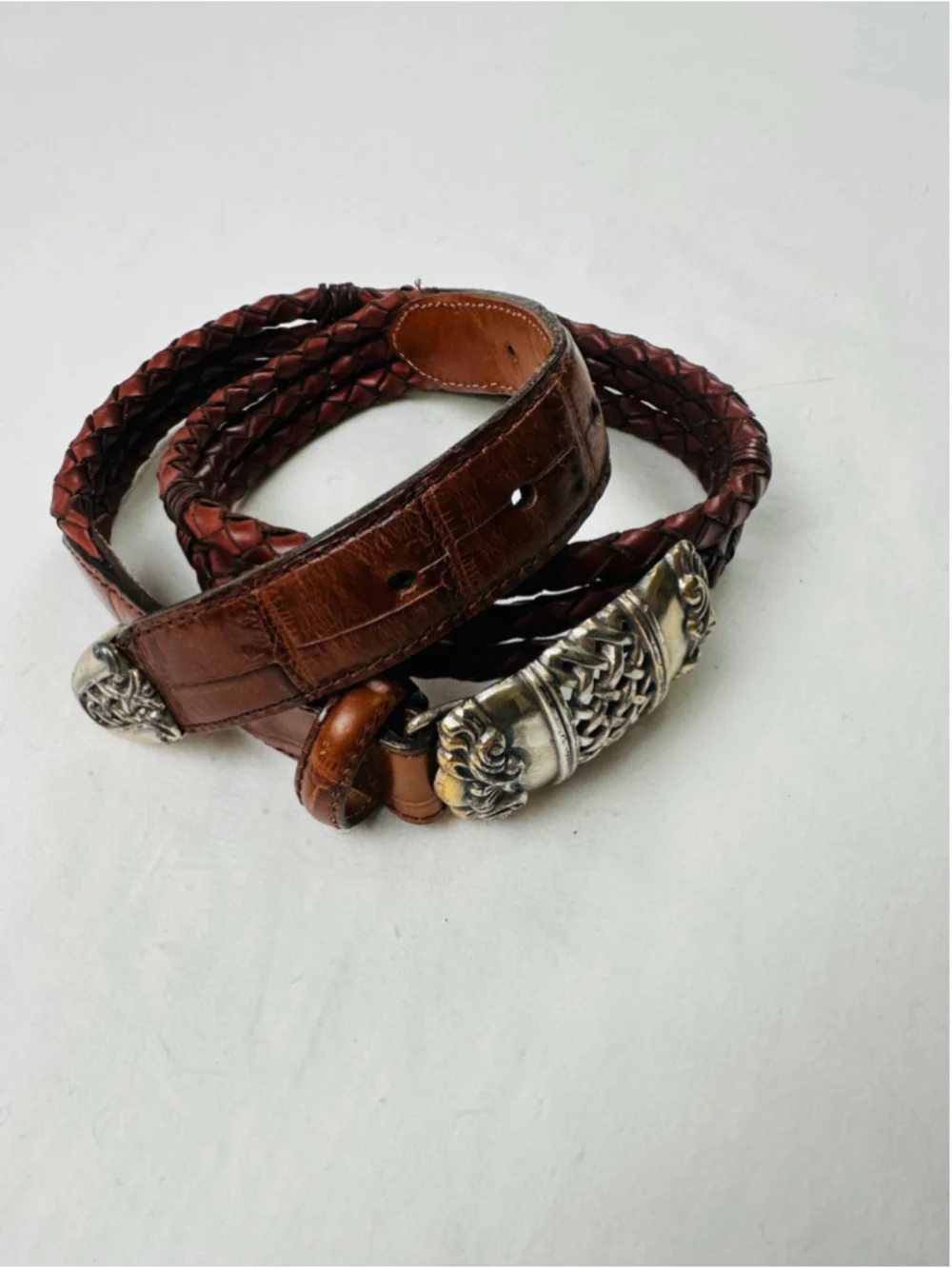 Vintage 1995 Brighton Brown Braided Leather Belt Medium 90607 Silver Hardware